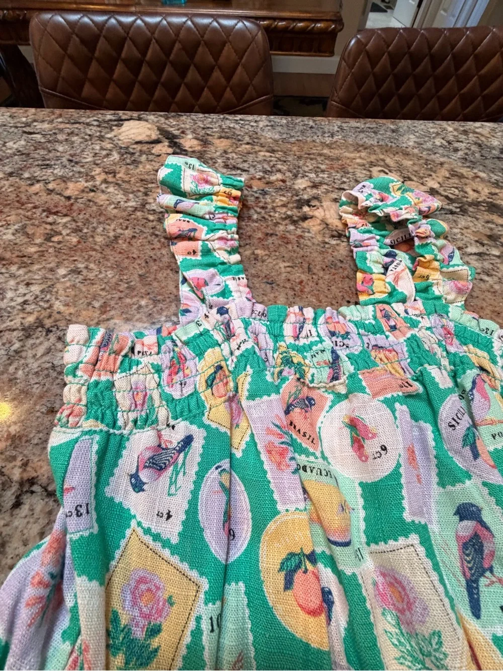 Copper Key Mint Green Tiered Dress with Multicolor Birds Stamp Print